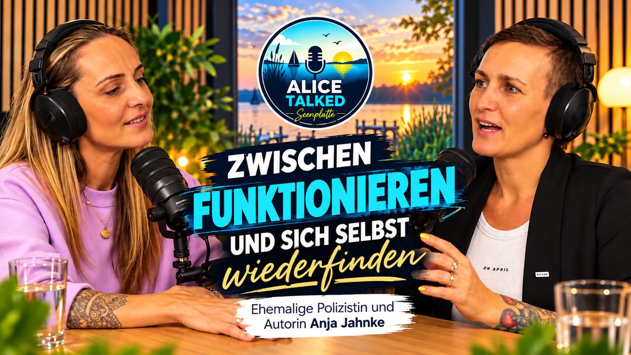 Alice Talked Podcast 6: Zwischen Funktionieren und sich selbst wiederfinden. Zu Gast Anja Jahnke, mit Kopfh&ouml;rern am Mikrofon, im Hintergrund ein Steg am See bei Sonnenuntergang.